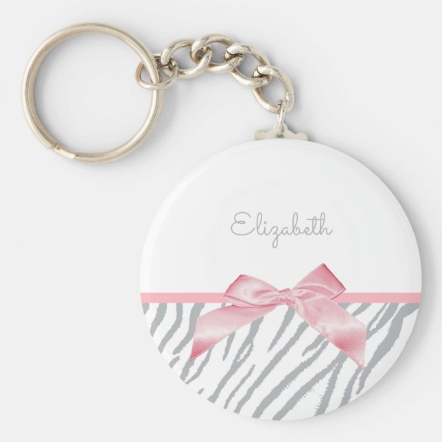 Rand-utskrift av Girly Grått Tiger-djur med Namn Nyckelring (Framsidan)