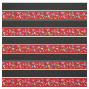 Rand, vit, röd/svart, folklig blommigt tyg