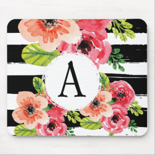 Randar för vit för för monogramvattenfärgblomm musmatta