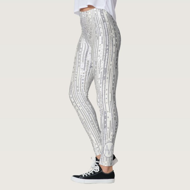 Randar pricker Glam för Monogram för silvervit Leggings (Vänster)