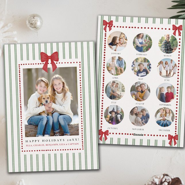 Ränder Bow Grön Röd Jul Årsöversyn Bilder Julkort (family christmas card year in review template photos green stripes red bow watercolor trendy chic)