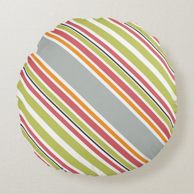 Ränder grön grå orange rosa rund kudde (Framsidan)