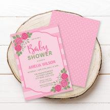 Ränder och Roser Rosa Flicktema Bebis-bjudning Inb