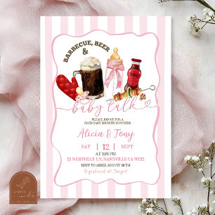 Ränder Rosa BBQ Blöjor och Öl Flicka Baby Shower Inbjudningar