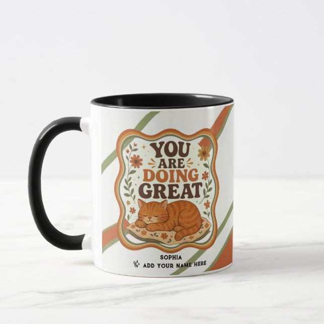 Randig apelsin katt motivationscitat kopp (Vänster)