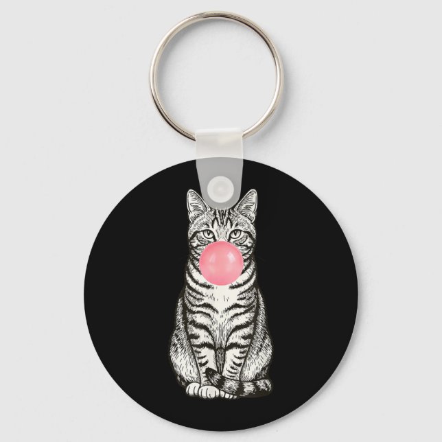 Randig bubbelgumkatt Söt rolig katt som blåser ros Nyckelring (Framsida)