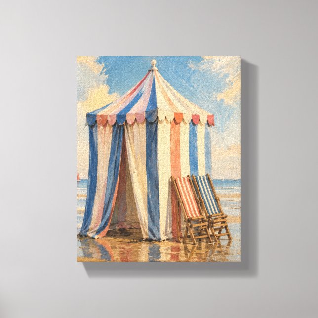 Randig Cabana vid Lågvatten Kustnära Strand Canvas (Framsida)