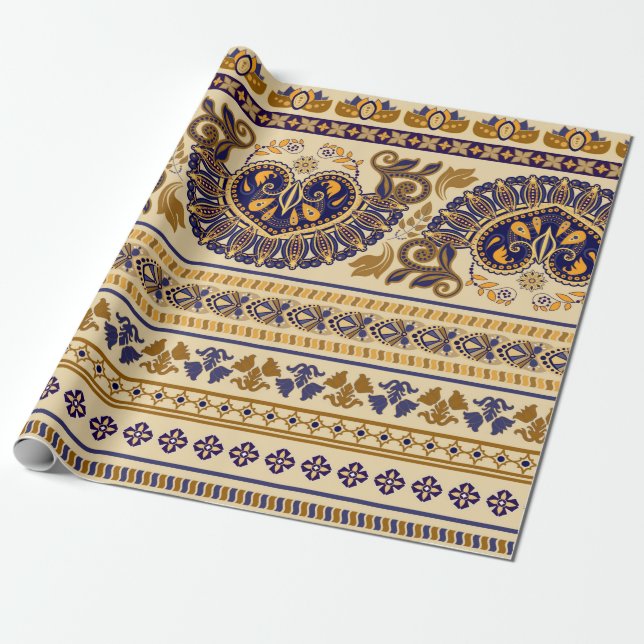 Randig egyptisk sömlös mönster. Färgfull blommigt Presentpapper (Utrullad)