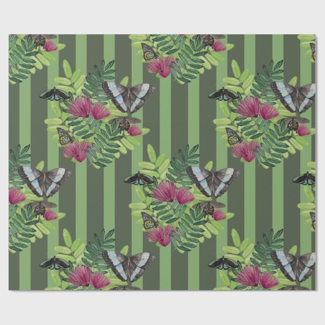 Randig fjäril Tropisk blomsterinpackningspapper Presentpapper (Platt)