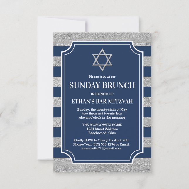 Randig grå marinblå Bar Mitzvah-stjärna Brunch Inbjudningar (Framsida)