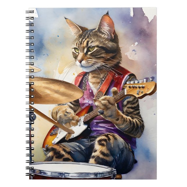 Randig Grått Tabby katt Rockstjärna Spelare Guitar Anteckningsbok (Framsidan)