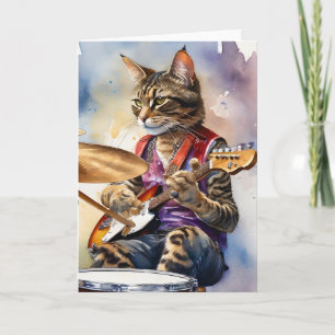 Randig Grått Tabby katt Rockstjärna Spelare Guitar Kort