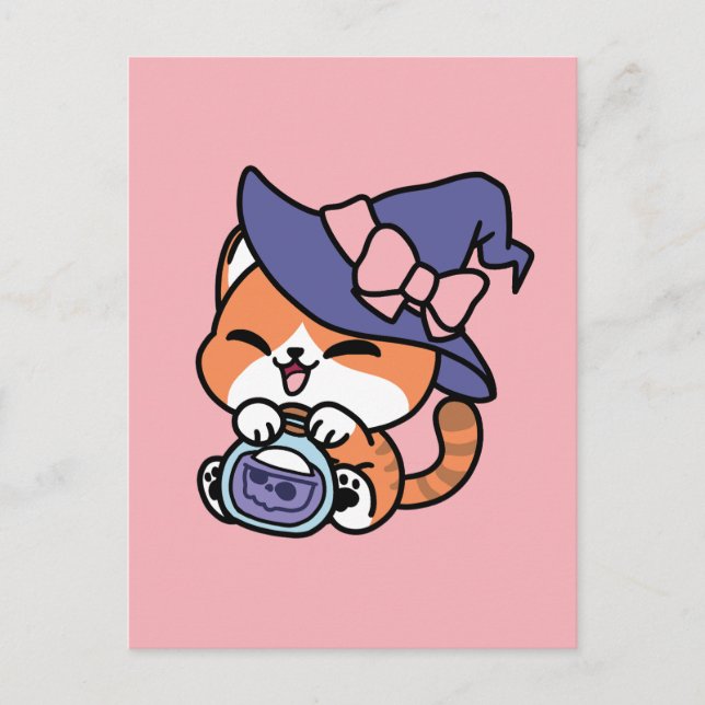 Randig Häxört – Sött Halloween Kattdesign Vykort (Framsida)