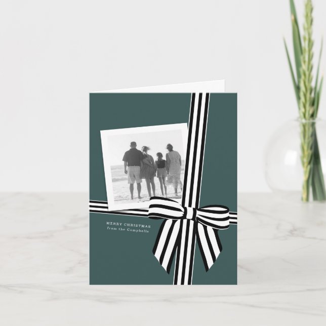 Randig julfotokort med veckat band i grönt helgkort (Framsida)