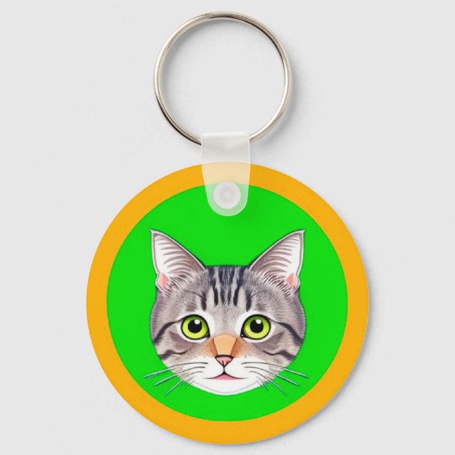 🐱 Randig katt cirkelformad ram Söt husdjur nyckel Nyckelring (Framsida)
