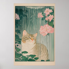 Randig katt duschtryck Ukiyo-e Botanisk badrum Poster