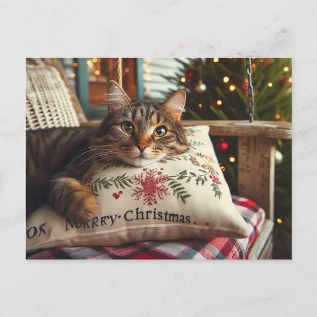 Randig katt God Jul AI-julkort Vykort (Framsida)
