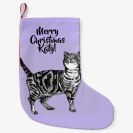 Randig katt God Jul Lila lavendelstrumpa Liten Julstrumpa