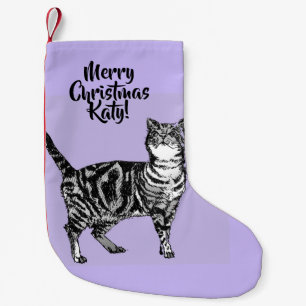 Randig katt God Jul Lila lavendelstrumpa Liten Julstrumpa