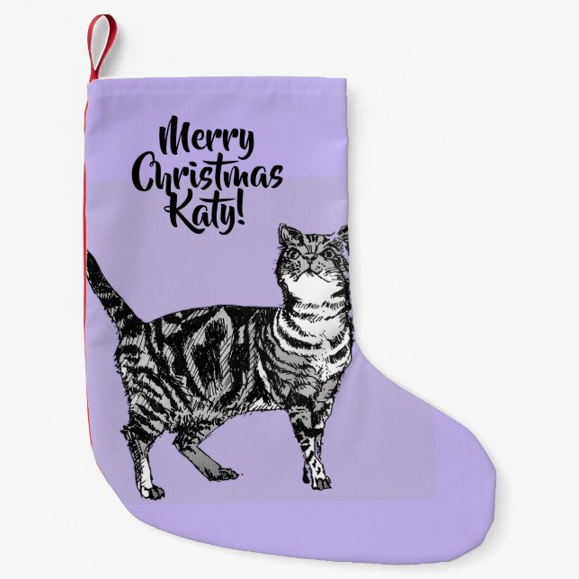 Randig katt God Jul Lila lavendelstrumpa Liten Julstrumpa (Framsidan)