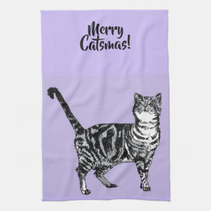 Randig katt God Jul Lila Lila Pastell Kökshandduk