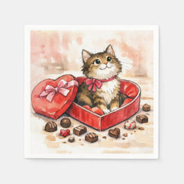 Randig katt i en hjärtformad chokladlåda till Alla Pappersservett