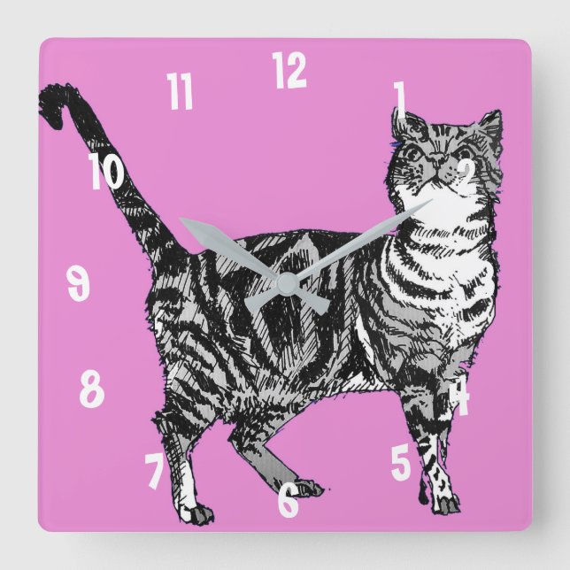 Randig katt Katter Konst Djur Barn Rosa Dekor Fyrkantig Klocka (Framsida)
