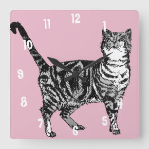 Randig katt Katter Konst Djur Barns Pastell Rosa D Fyrkantig Klocka