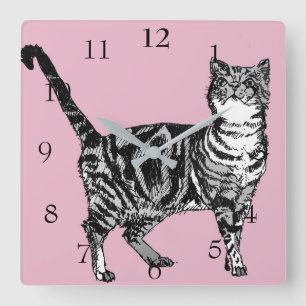 Randig katt Katter Konst Djur Barns Pastell Rosa D Fyrkantig Klocka