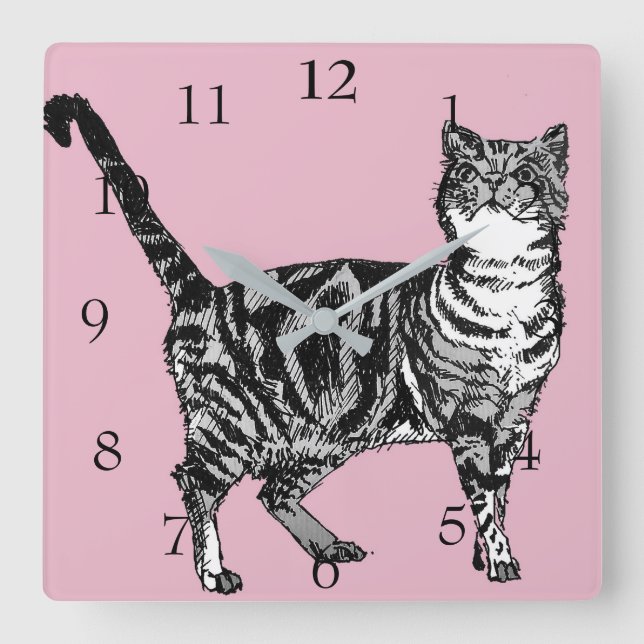 Randig katt Katter Konst Djur Barns Pastell Rosa D Fyrkantig Klocka (Framsida)