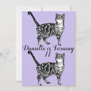 Randig katt lila konst flickors födelsedagsinbjuda inbjudningar