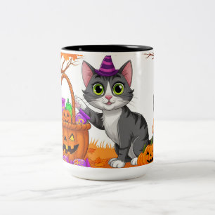 Randig katt med godispåse till jack-o'-lantern 🍂 Två-Tonad mugg