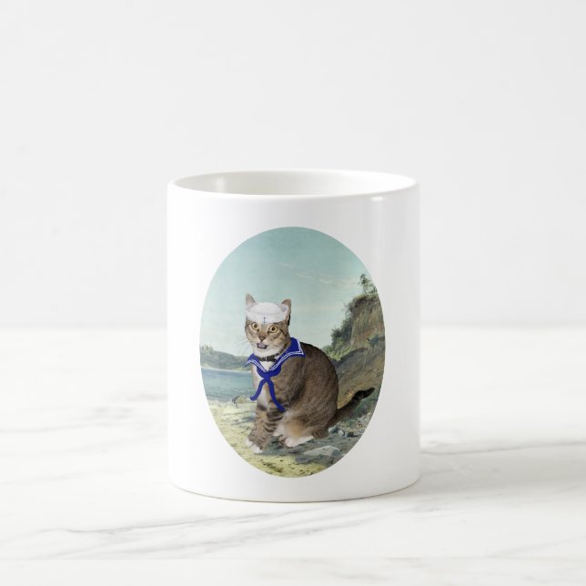Randig katt på stranden kaffemugg (Center)