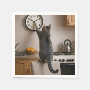 Randig katt som ändrar tiden på en klocka pappersservett