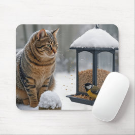 Randig katt som tittar på en fågel på en matning musmatta