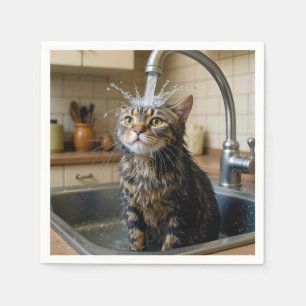 Randig katt under en kölspruta pappersservett