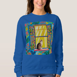Randig katt vid soligt fönster T-shirt Färgrik F