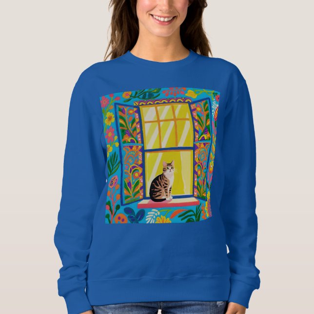 Randig katt vid soligt fönster T-shirt | Färgrik F (Framsida)