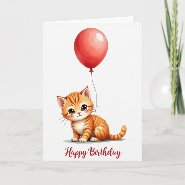 Randig Katten Ballong Födelsedags Kort (Framsida)