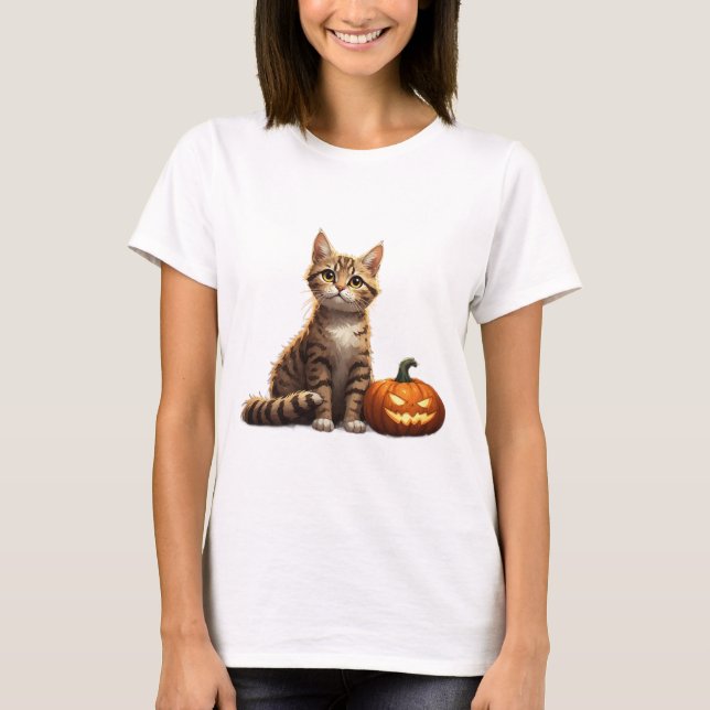 Randig Kattenunge Höst Halloween Tema 🎃 T Shirt (Framsida)