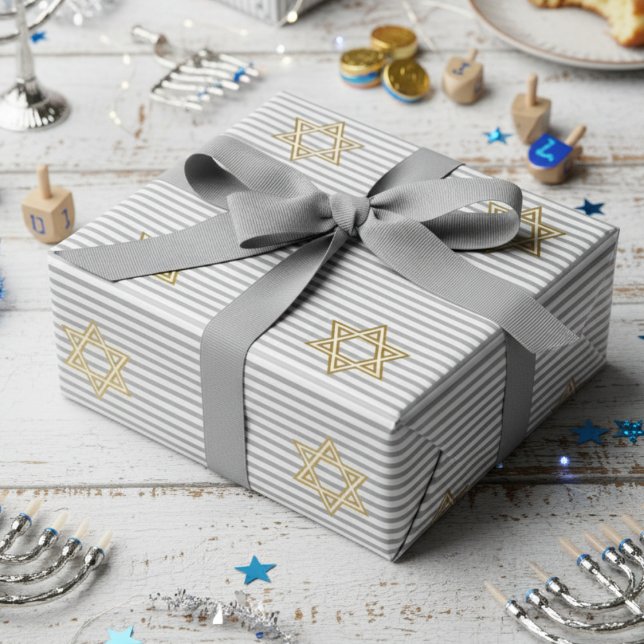 Randig Klassisk Silver Judisk Guld Davidstjärna Presentpapper (Chic Jewish Star of David Striped Light Silver & White Pattern for Hanukkah, Bar Mitzvah, Mazel Tov)