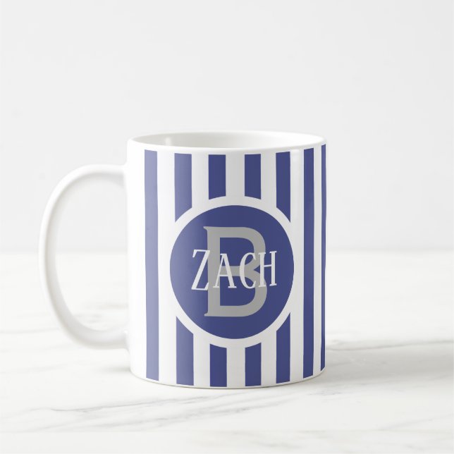 Randig Mall Blå C49 Kort Namn Initialer Kaffemugg (Vänster)