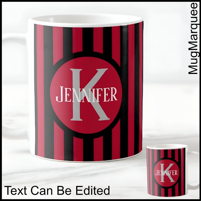 Randig Mall Röd C81 Långt Namn Initial  Kaffe Kaffemugg (Skapare uppladdad)