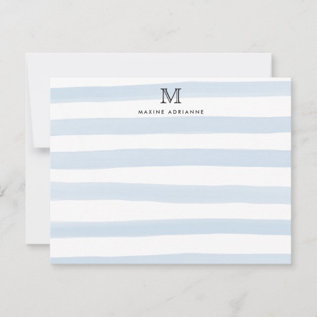 Randig modern chic-monogram babyblå akvarell anteckningskort (Framsida)