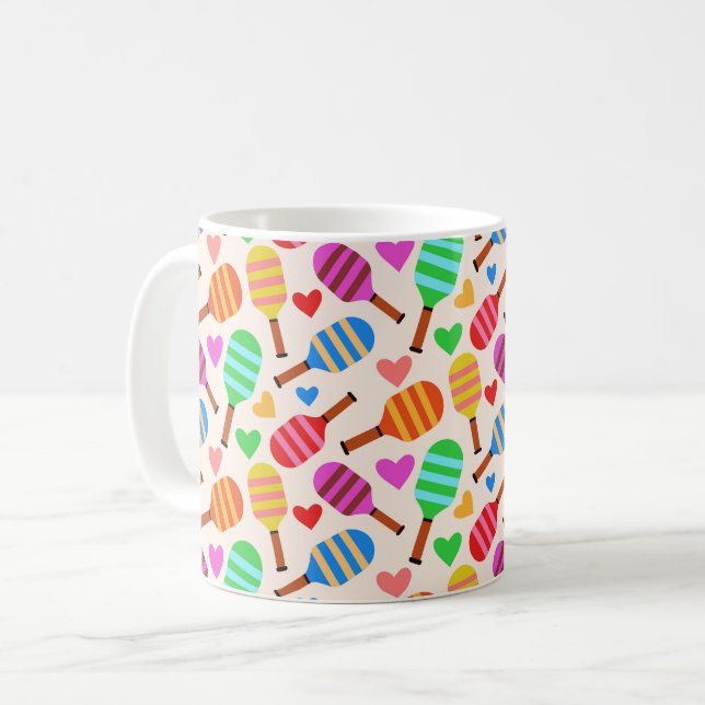 Randig Pickleball Paddles Mönster med Hearts Kaffemugg (Framsida vänster)