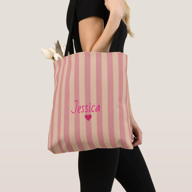 Randig Rosa Enkel Elegant Anpassat Namn Tygkasse (Närbild)