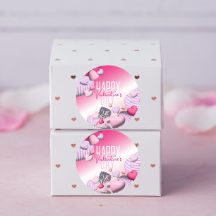 Randig Rosa och vita hjärtballonger Alla hjärtans Runt Klistermärke