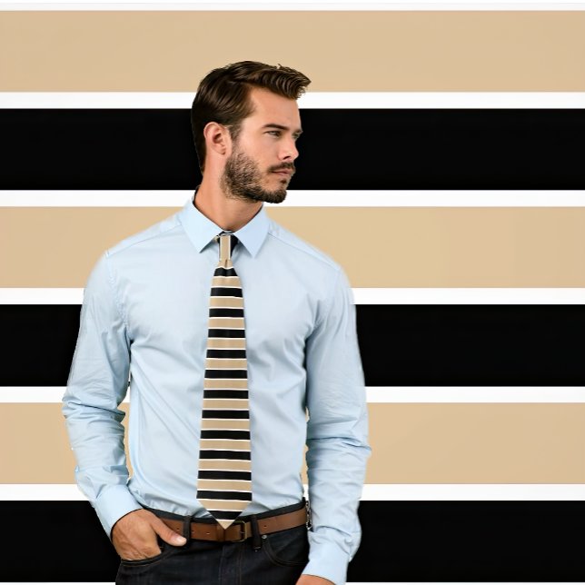 Randig ruta för vitt, svart och tonat Vågrät Slips (Man wearing necktie with tan, black and white striped tie. Background matches tie.)