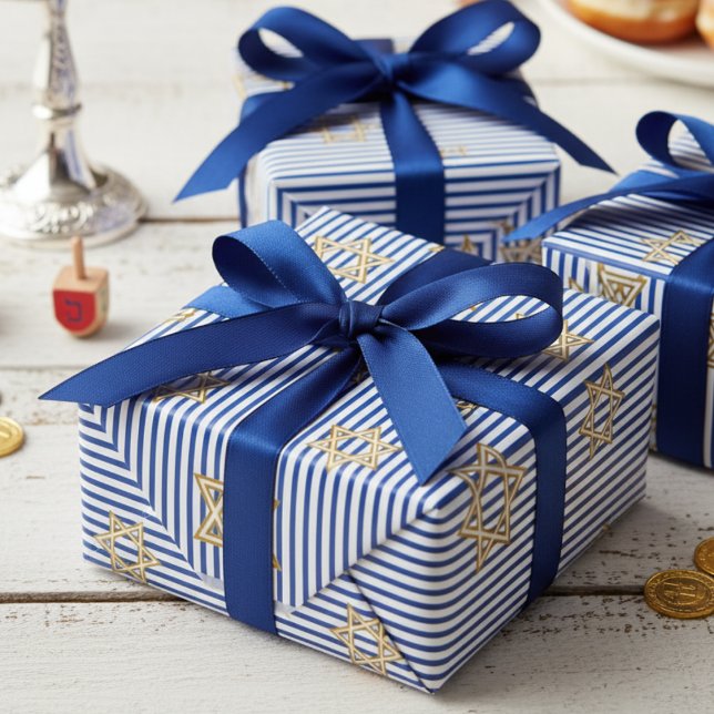 Randig Safirblå Judisk Guld Davidstjärna Presentpapper (Chic Jewish Star of David Striped Sapphire Blue & White Pattern for Hanukkah, Bar Mitzvah, Mazel Tov)