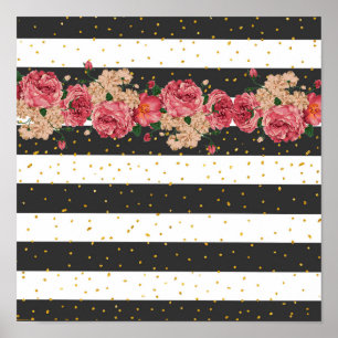 Randig svart rosa guld glitter-konetti-blommigt poster